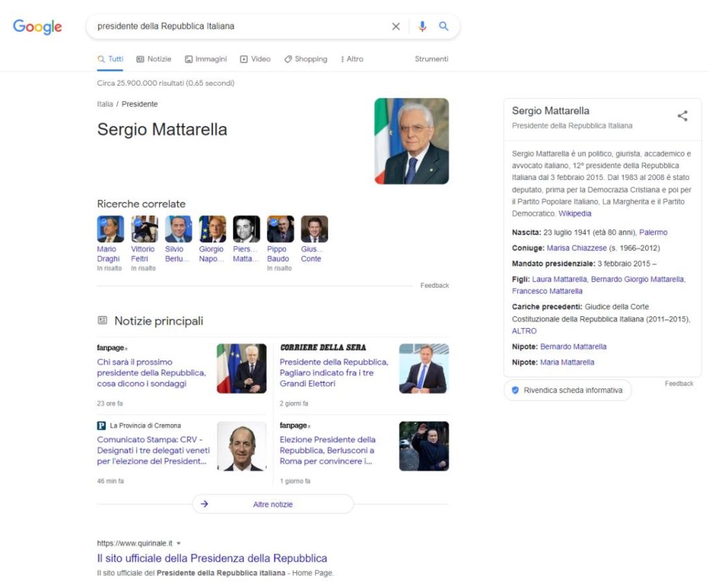 la SERP Google per presidente della Repubblica Italiana