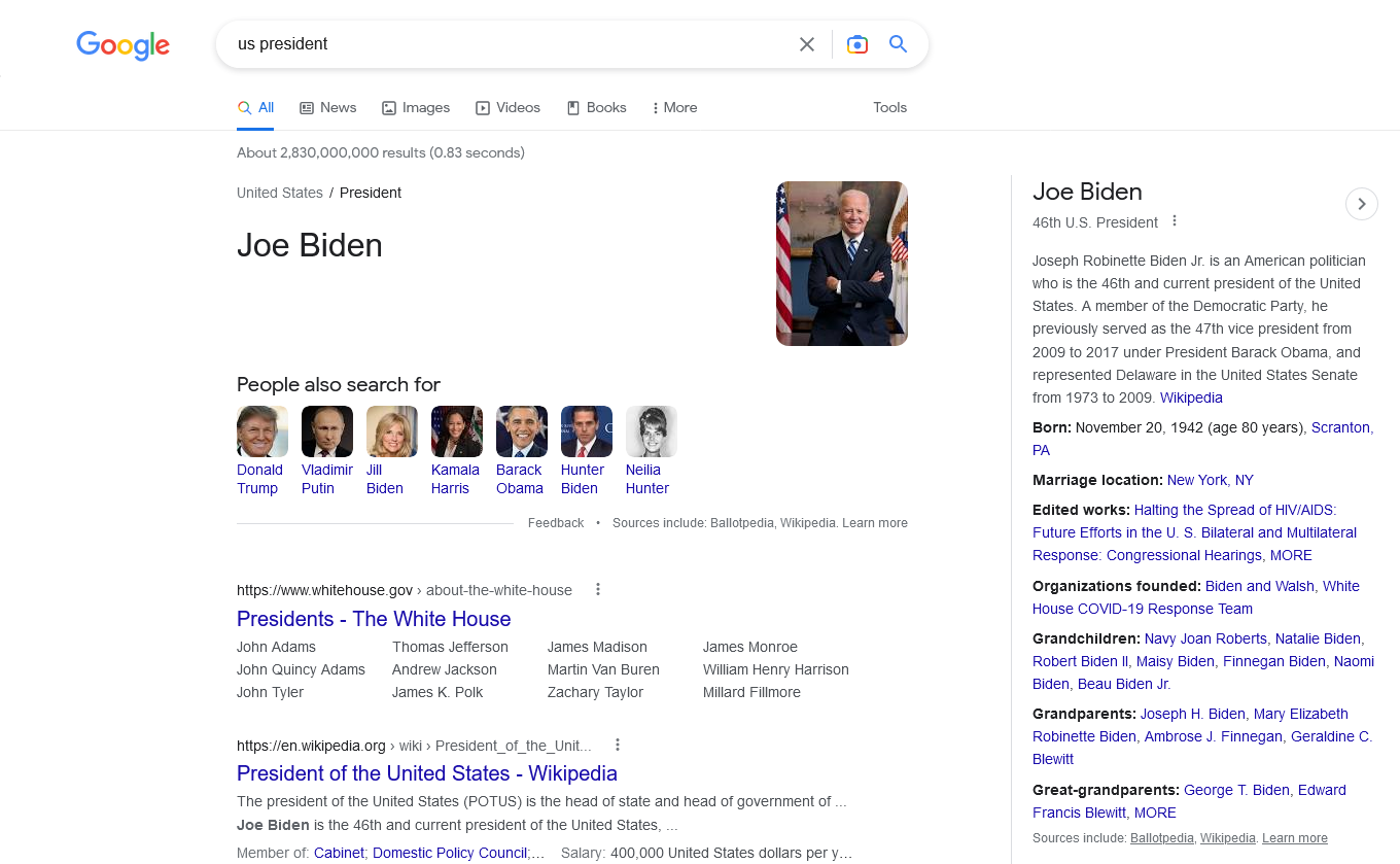 Query US president: Google mostra solo il risultato per Joe Biden, attuale presidente