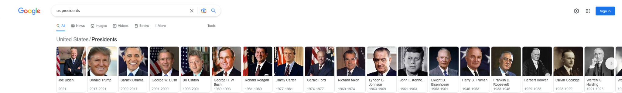 Query US presidents: Google mostra i presidenti USA al plurale