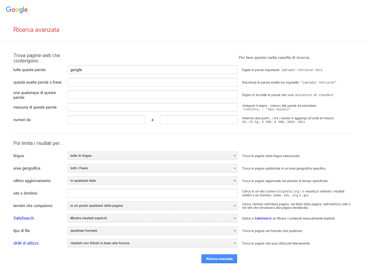 Ricerca avanzata Google per contenuti testuali
