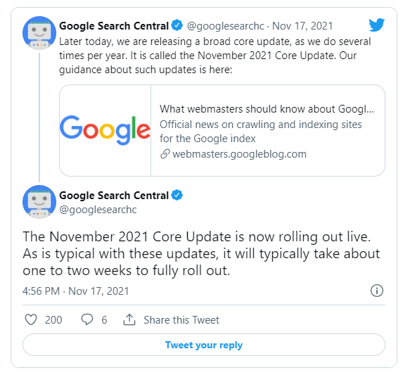 Parte il november 2021 core update di Google