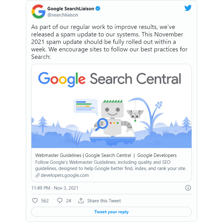 Il tweet di Google per il November Spam Update