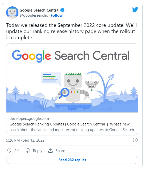 Google annuncia su Twitter l'update di settembre 2022