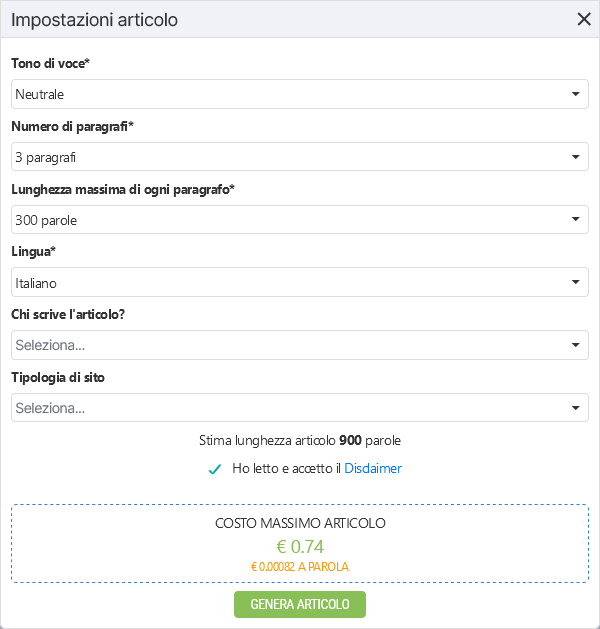 Schermata di generazione automatica di testi: impostazioni di personalizzazione