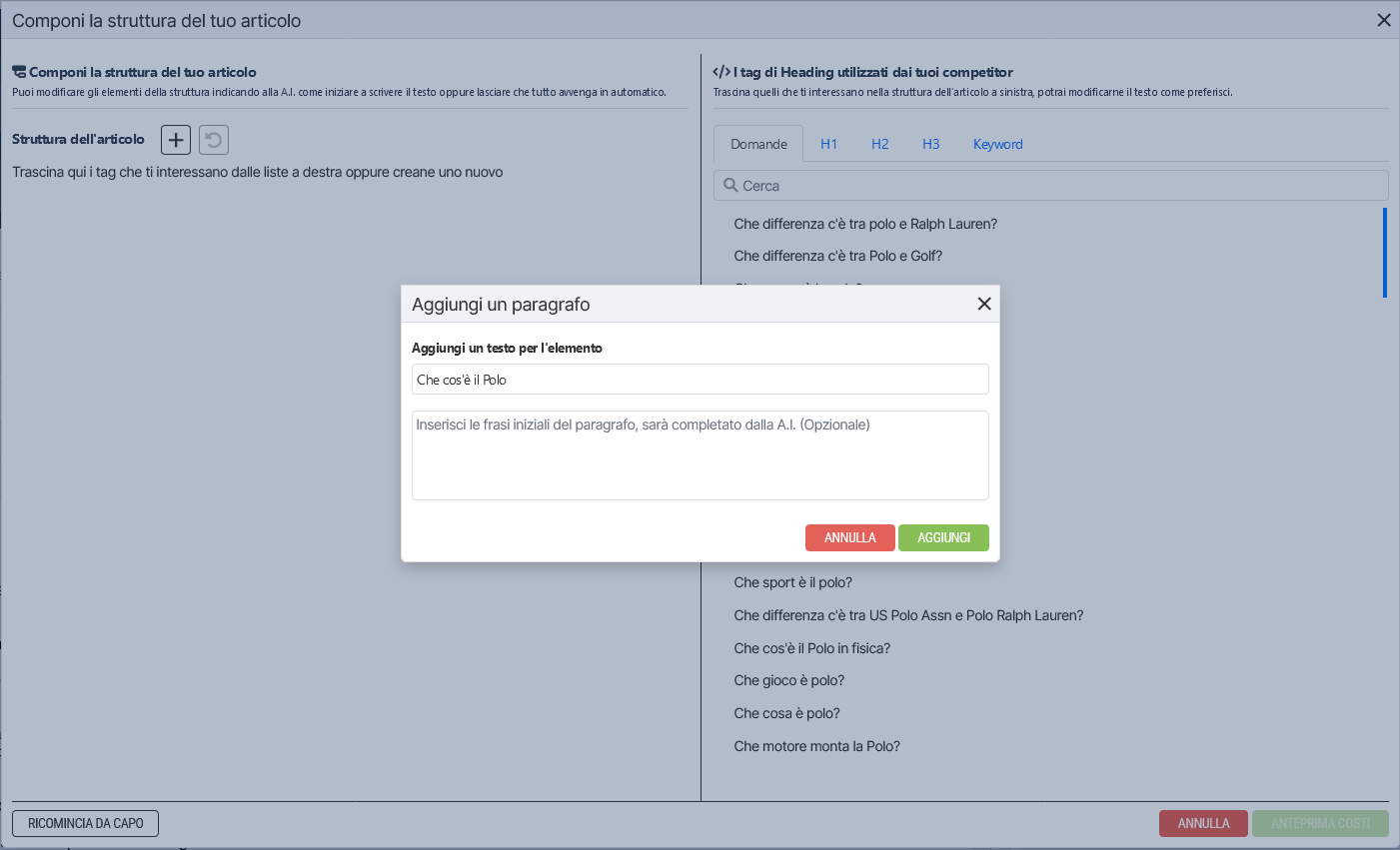 Esempio di generazione testi con AI guidata dall'utente