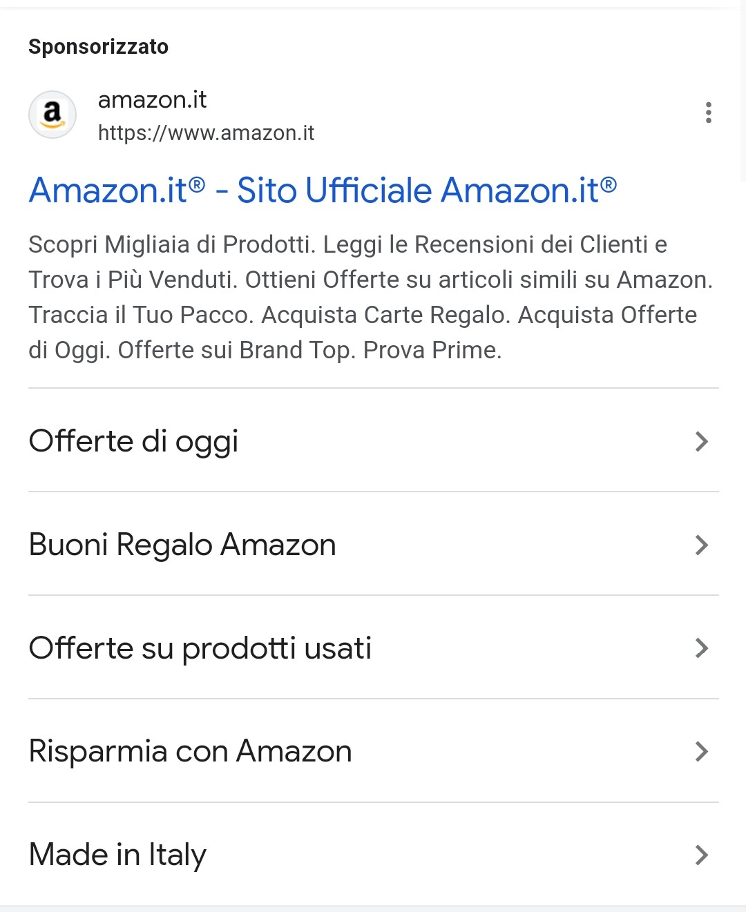 I sitelink ads per la query Amazon da mobile