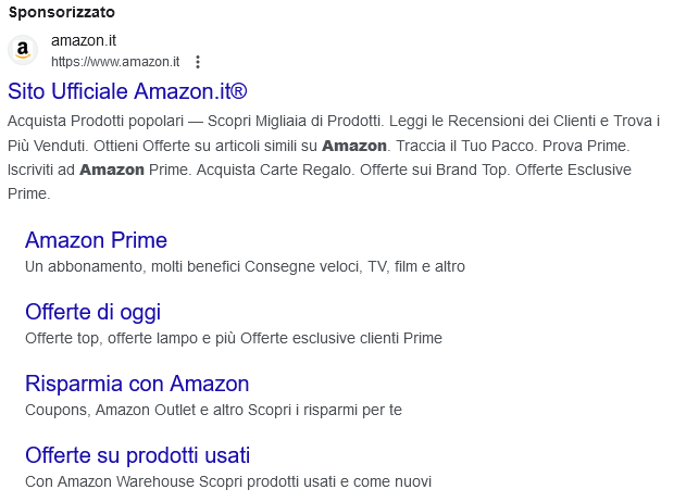 I sitelink ads per la query Amazon da desktop