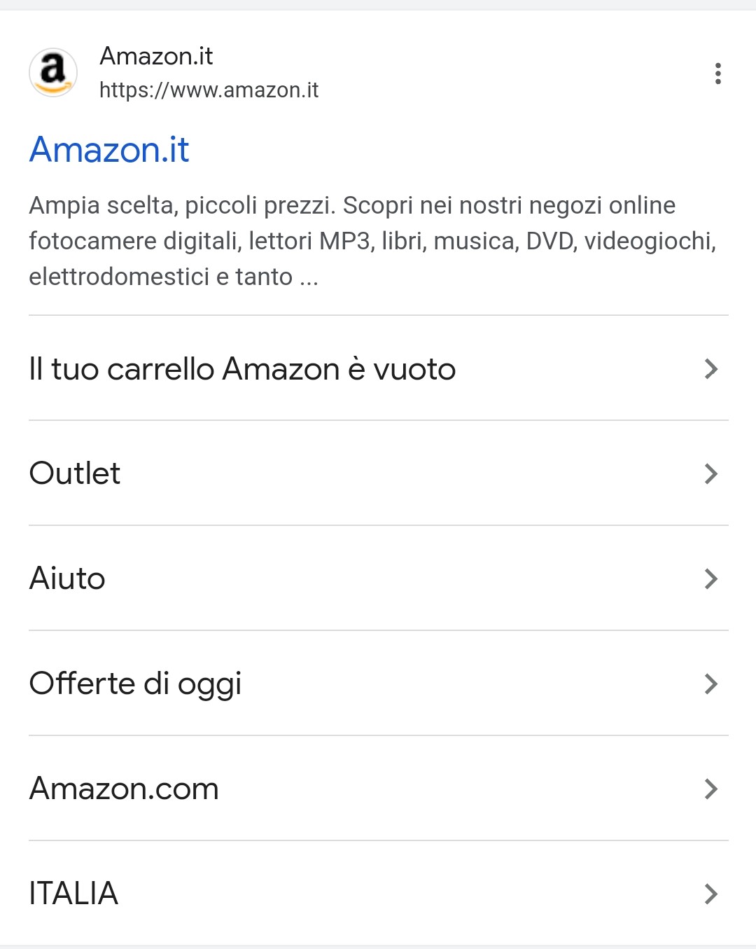 I sitelink standard per la query Amazon da mobile