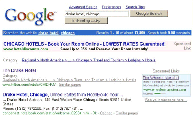 i primi risultati paid e sponsorizzati nelle SERP di Google, febbraio 2000