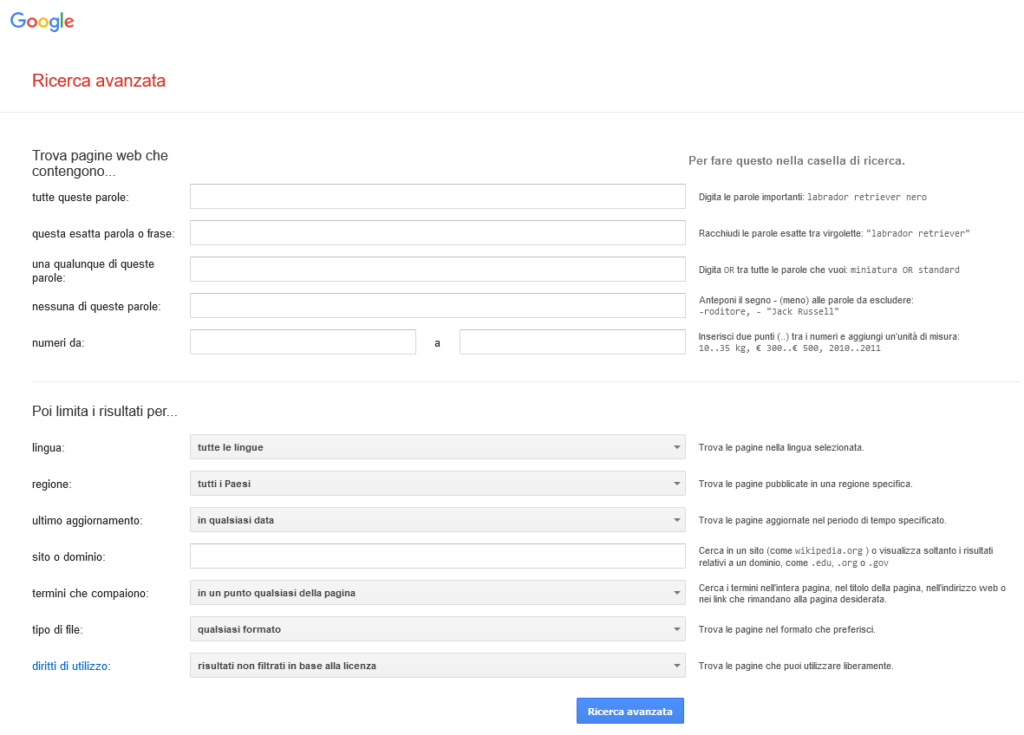 Ricerca avanzata Google per contenuti testuali
