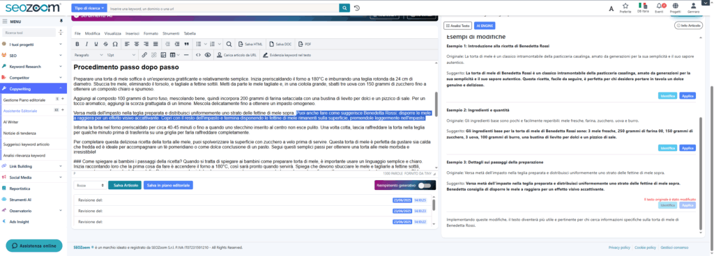 la modifica fatta al testo